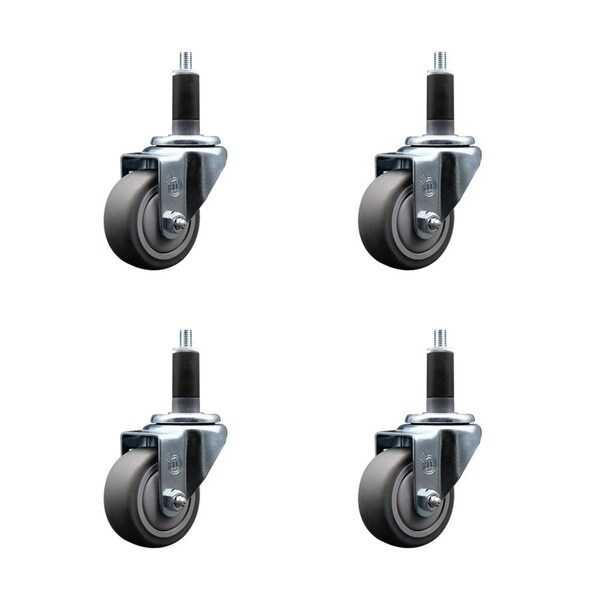 3'' SS Thermoplastic Rubber Wheel Swivel 1-1/8'' Expanding Stem Caster Set, 4PK